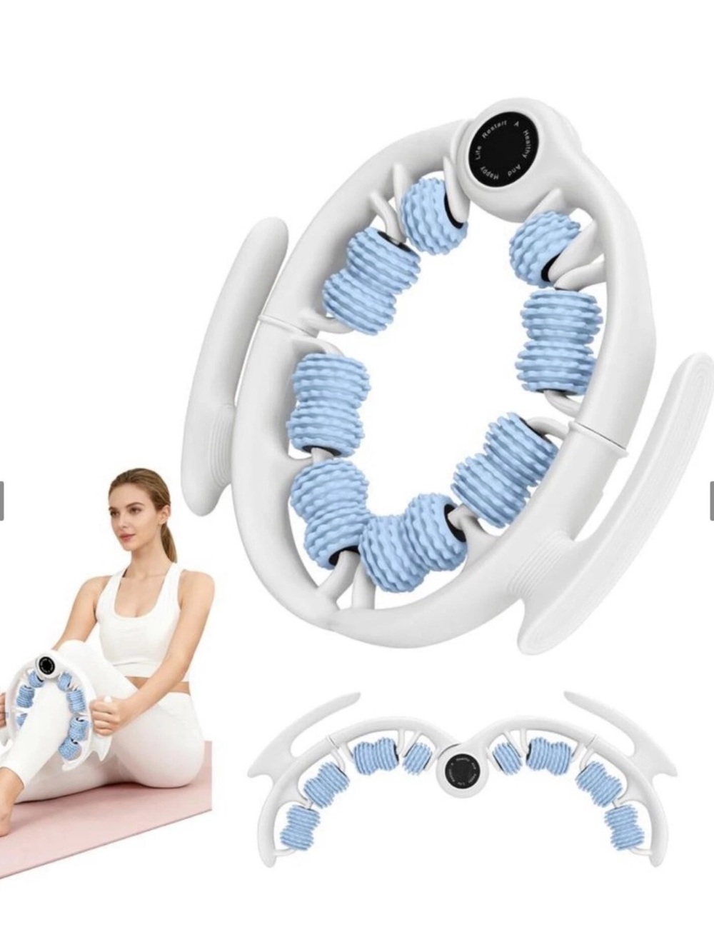White and Light Blue Handheld Roller Massager - Compact Home Muscle Relief